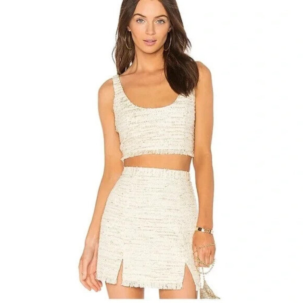 NBD Blair Mini Skirt Shawna Crop Top Set‎ M Tweed Ivory Metallic Gold Fringe